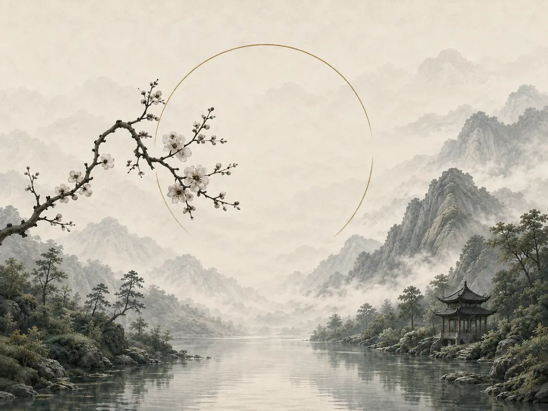 水墨山湖與梅枝，金色圓弧映照的靜謐河景